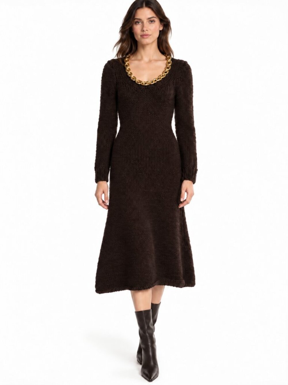 NWT $3K Bottega Veneta Wool Long Sleeve Chain Link Midi Dress Dark Brown Size Me